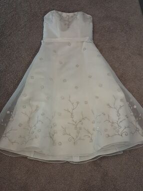 David's Bridal Ivory Galina Strapless Floral Dress.Silver Shimmery Motif.  (4)
